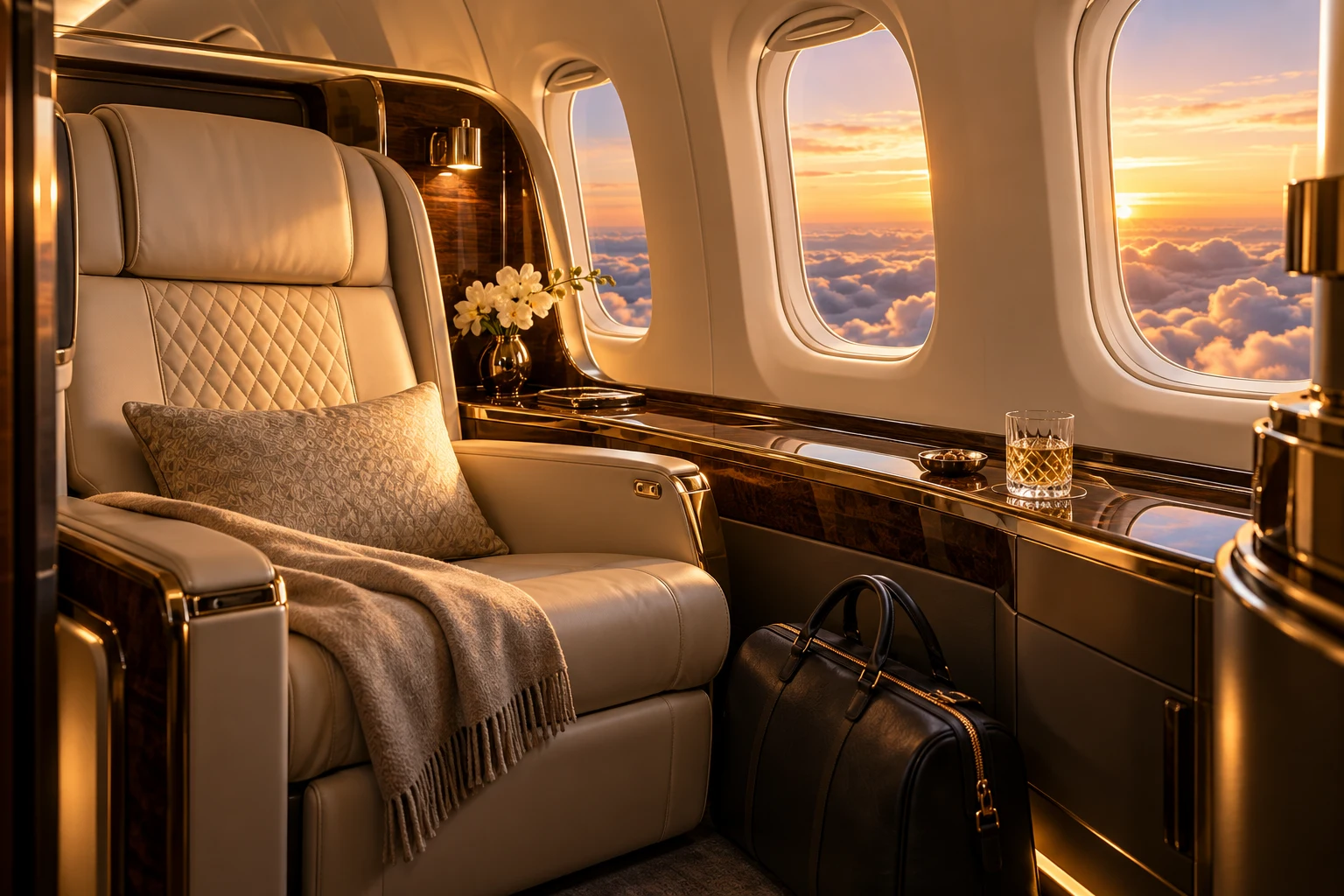 Suíte de primeira classe em avião, imagem ilustrativa